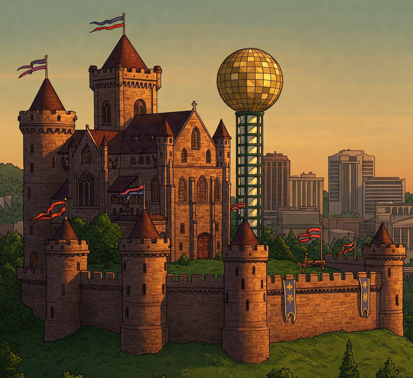 Medievalish castle in front of the Knoxville skyline with the Sunsphere.
Image generated with Google Gemini